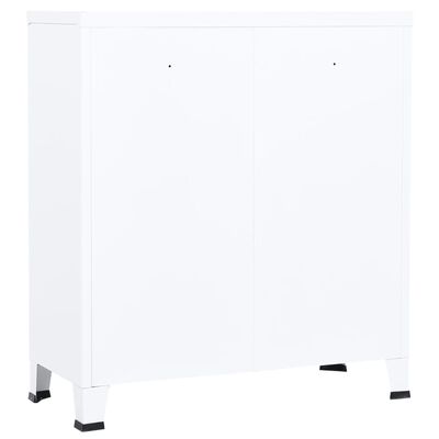 White cabinet with two large doors and small top holes possibly for locks