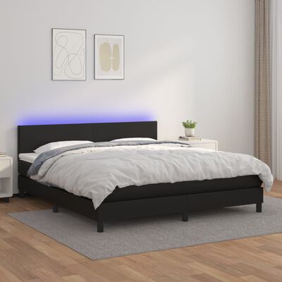 vidaXL Box Spring Bed with Mattress&LED Black Queen Faux Leather