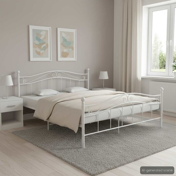 vidaXL Bed Frame White Powder-coated metal Double Durable Bed Frame
