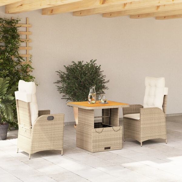 vidaXL 3 Piece Patio Dining Set with Cushions Beige Poly Rattan