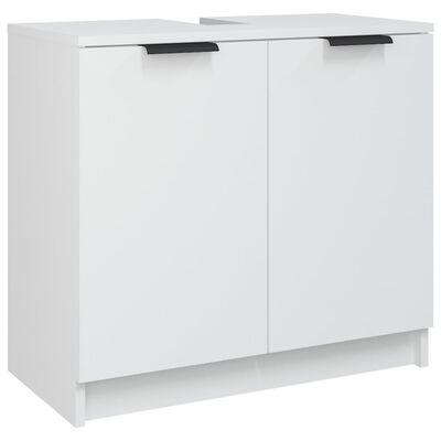 White cabinet with two large doors and black handles, simple modern design.
