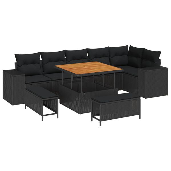 vidaXL Garden Sofa Set with Cushion 9 pcs Black Poly Rattan