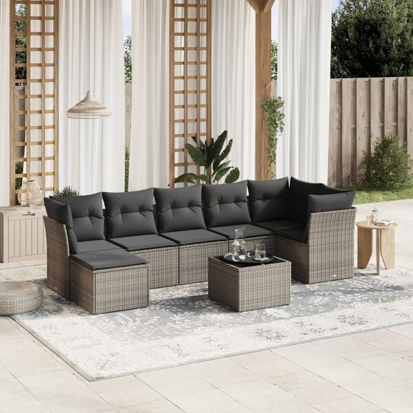 vidaXL Garden Sofa Set Gray Poly Rattan, Tempered Glass, Powder-Coated Steel