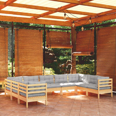 vidaXL 9 Piece Patio Lounge Set with Gray Cushions Pinewood