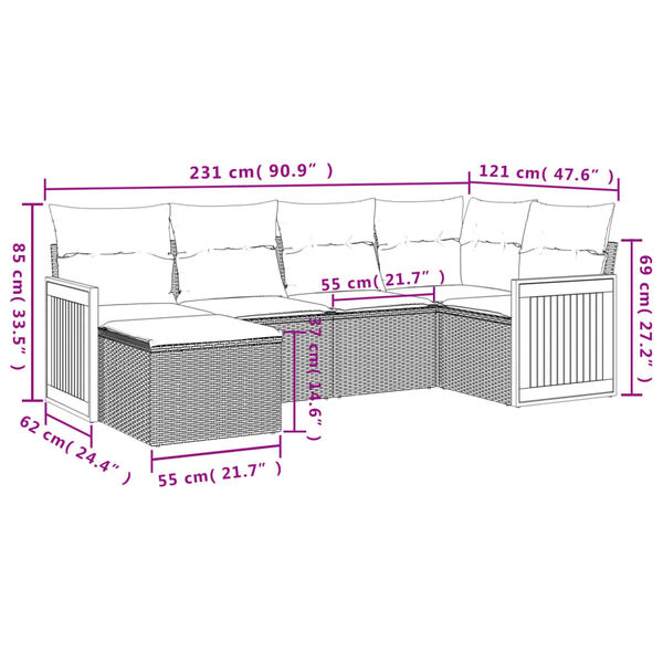 vidaXL Garden Sofa Set Gray PE rattan, powder-coated steel, fabric Large