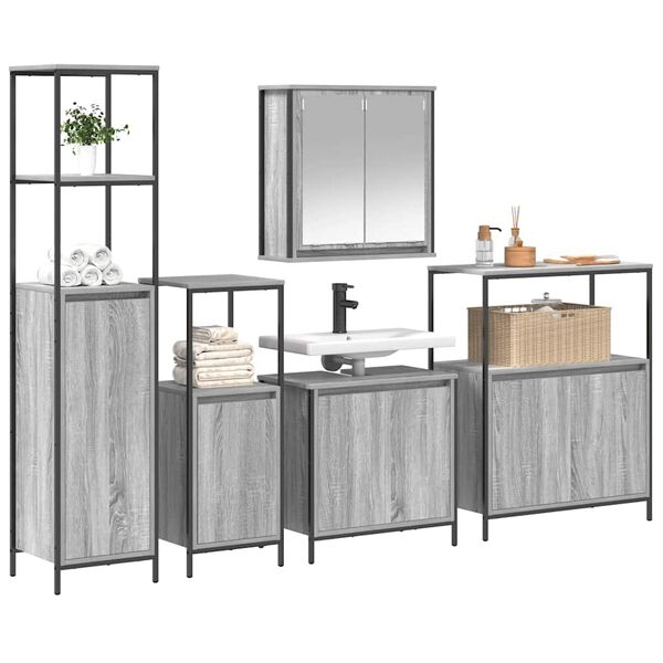 vidaXL Bathroom Furniture Set with Shelf 5 pcs Grey sonoma and Black