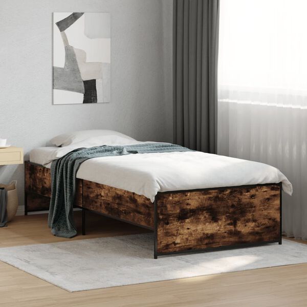 vidaXL Bed Frame Smoked Oak Engineered Wood and Metal Twin Bed Modern