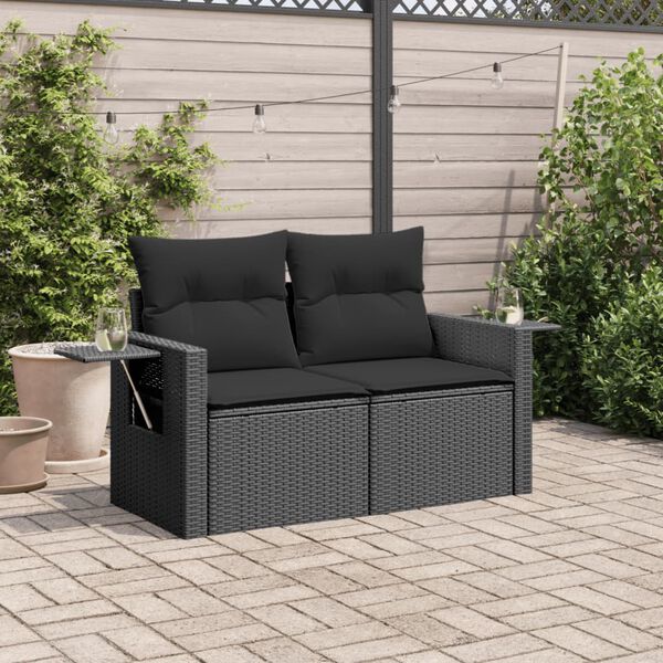 vidaXL Garden Sofa Black PE Rattan 2-seater Adjustable Feet Foldable