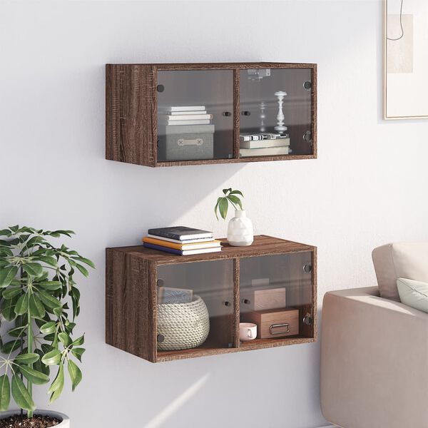 vidaXL Wall Cabinet Set of 2 Brown oak Engineered wood, glass