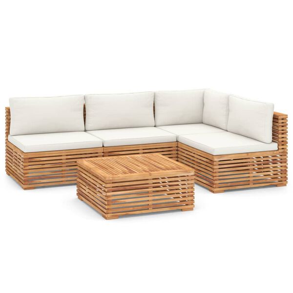 vidaXL 5 Piece Patio Lounge Set with Cream Cushion Solid Teak Wood