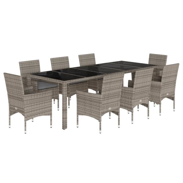 vidaXL 9 Piece Patio Dining Set with Cushions Grey Poly Rattan and Glass