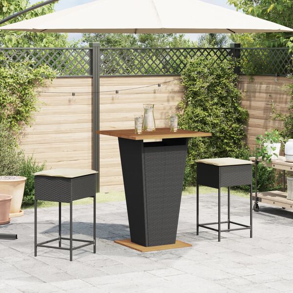 vidaXL 3 Piece Patio Bar Set with Cushions Black Poly Rattan