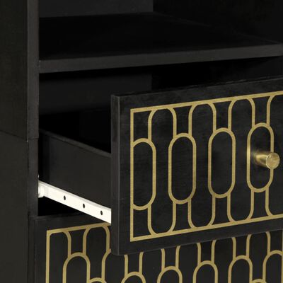 Open drawer of a black cabinet with gold-patterned front.