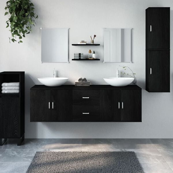 vidaXL Bathroom Furniture Set Black Engineered wood, glass Large