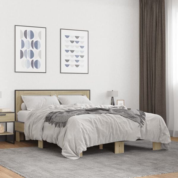 vidaXL Bed Frame Sonoma Oak Engineered wood, metal, plywood 47.2 x 74.8 in