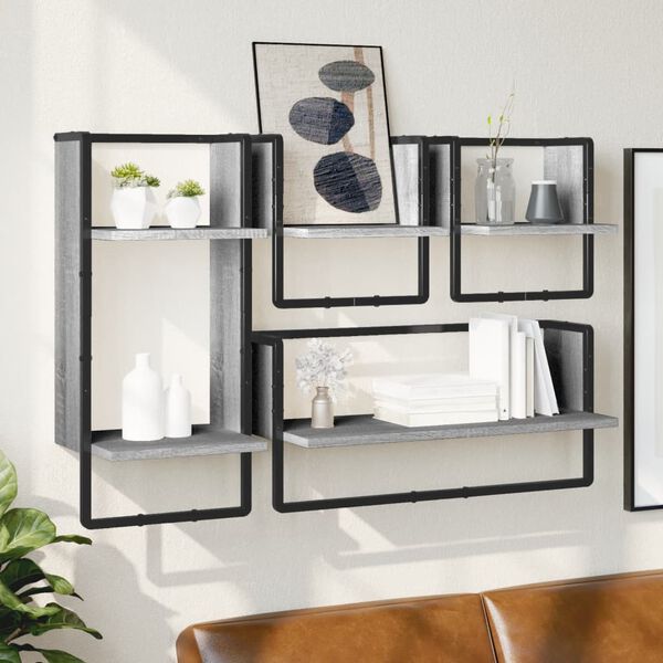 vidaXL Wall Shelf Set Set of 4 Grey Sonoma Engineered wood, metal