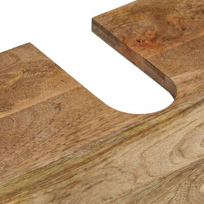 Close-up of wood grain with curved cutout of tabletop edge