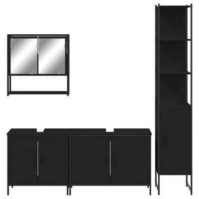Wall-mounted mirror with two cabinet doors and a separate tall cabinet and base cabinets.