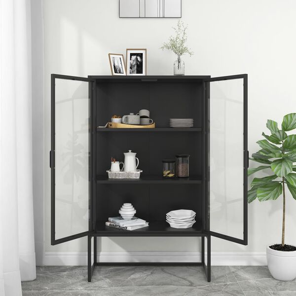 vidaXL Highboard Black Steel, Tempered Glass 31.5x13.8x53.1 in