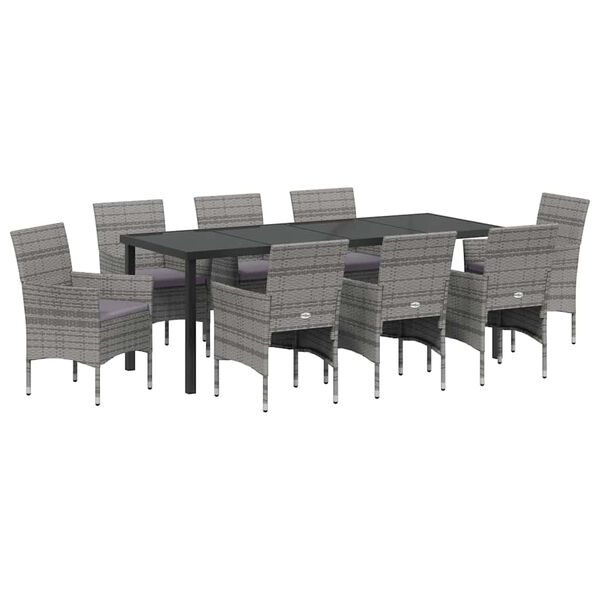 vidaXL Garden Dining Set with Cushion 9 pcs Grey Poly Rattan