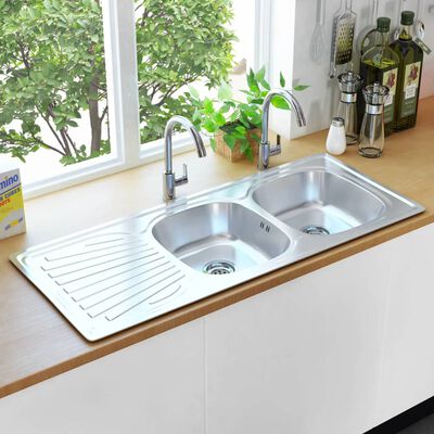 vidaXL Kitchen Sink Double Basin with Strainer & Trap Stainless Steel
