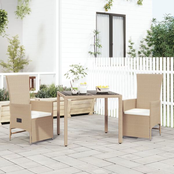 vidaXL 3 Piece Patio Dining Set with Cushions Beige Poly Rattan