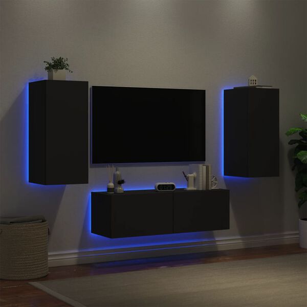 vidaXL 3 Piece TV Wall Stands with LED Lights Black