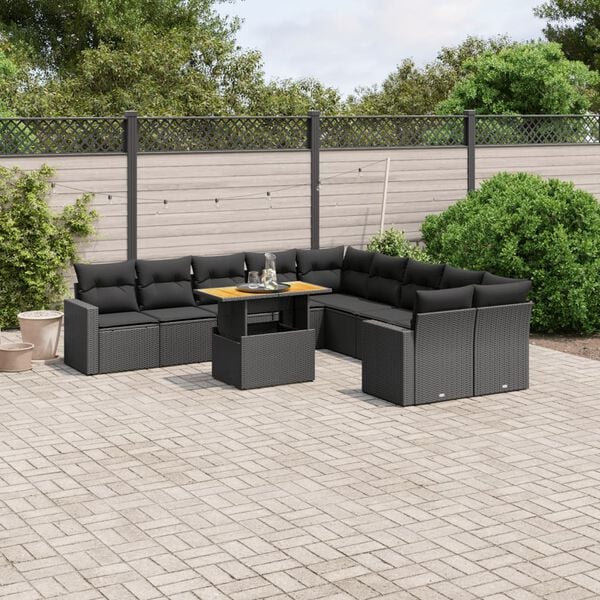 vidaXL Garden Sofa Set Black PE rattan, Steel, Solid Acacia wood, Polyester