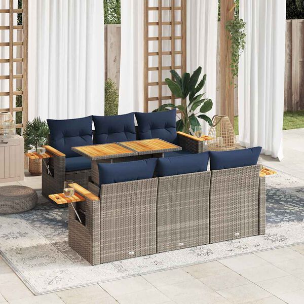 vidaXL 7 Piece Patio Sofa Set with Cushions Gray Poly Rattan