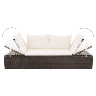 Open and close diagram of modular outdoor sofa showing adjustable backrests, beige cushions.