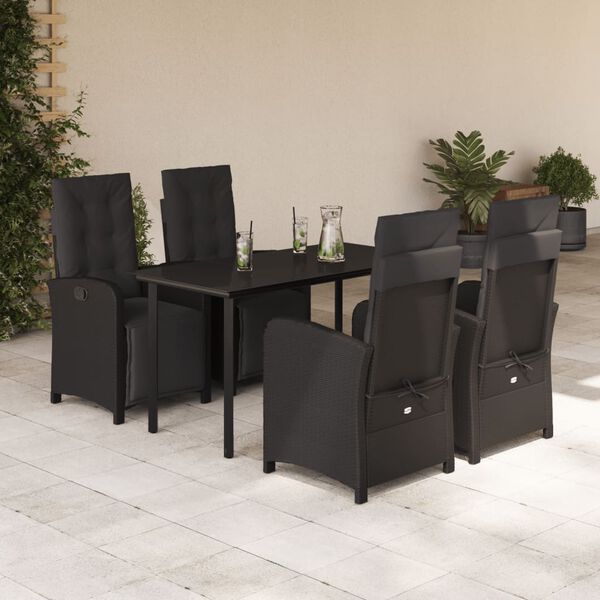 vidaXL 5 Piece Patio Dining Set with Cushions Black Poly Rattan