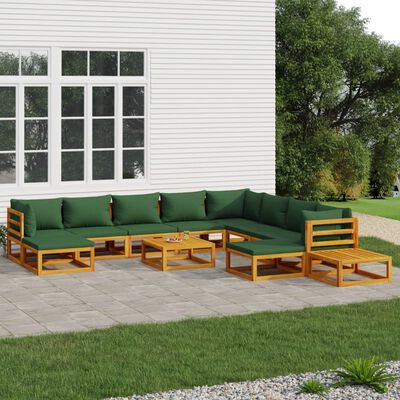 vidaXL 12 Piece Patio Lounge Set with Green Cushions Solid Wood