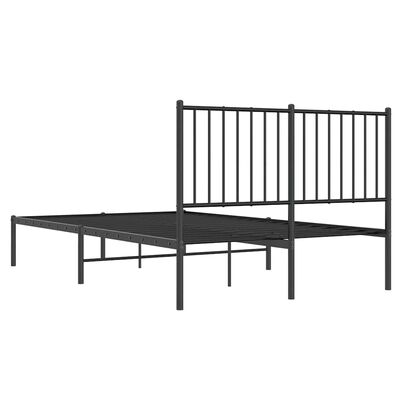 Metal bed frame with headboard and slatted support, angled view.