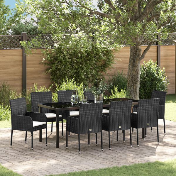 vidaXL Garden Dining Set with Cushion 9 pcs Black Poly Rattan