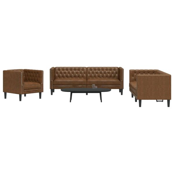 vidaXL 3 Piece Chesterfield Sofa Set Brown Faux Leather