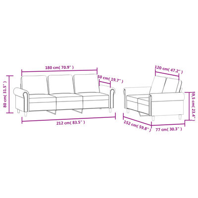 Diagram with dimensions of sofa and chaise in pink measurements