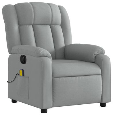Gray recliner chair from side angle showing base and foot pads