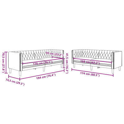 Diagram with dimensions of two sofas showing length measurements in cm and inches.