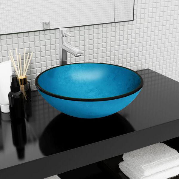 vidaXL Basin Tempered Glass 16.5x5.5" Blue
