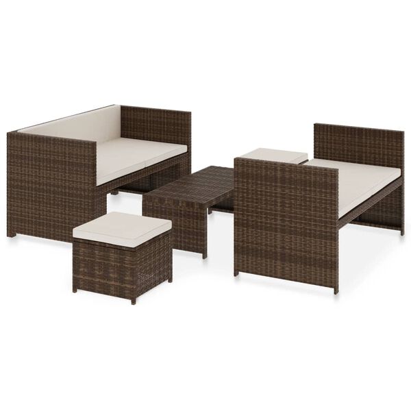 vidaXL 5 Piece Patio Lounge Set with Cushions Poly Rattan Brown