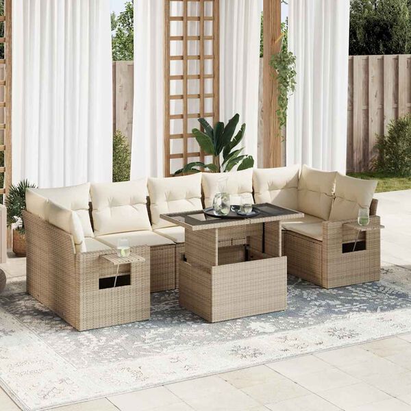 vidaXL Garden Sofa Set Beige PE Rattan 8 Piece Adjustable Armrests