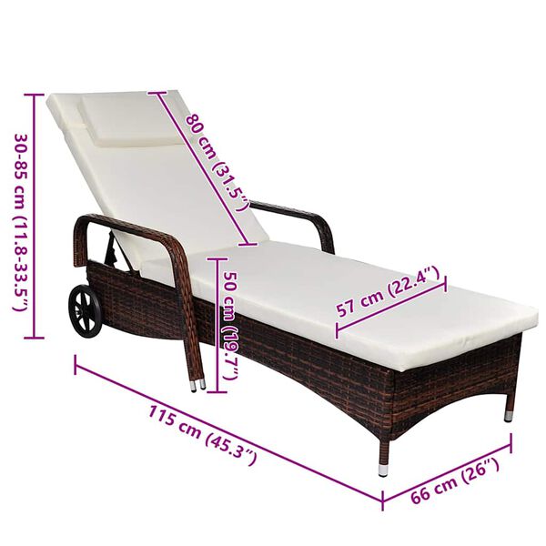 vidaXL Rattan Sun Bed Brown Poly Rattan Standard Adjustable Armrests