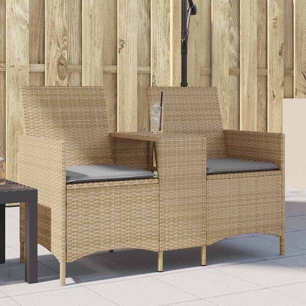 vidaXL Patio Sofa 2-Seater with Table and Cushions Beige Poly Rattan