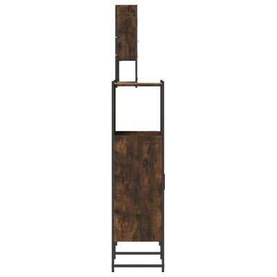 Tall, slim freestanding unit with two sections in rustic finish and metal frame