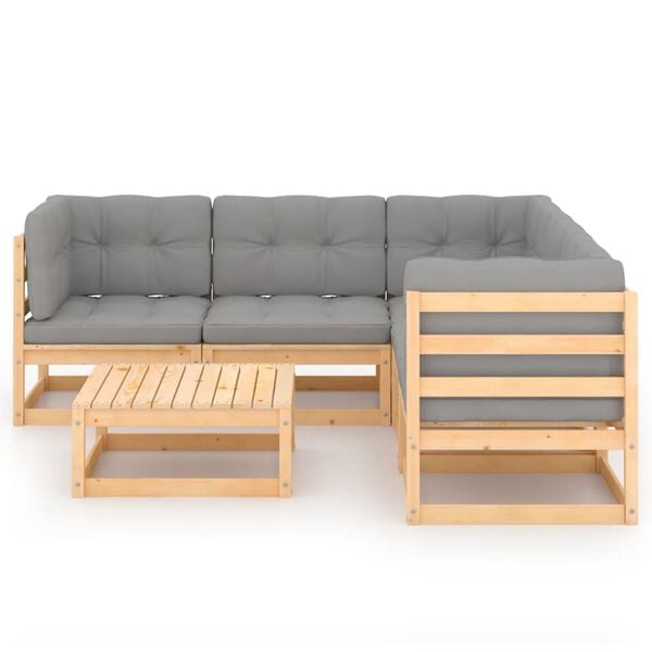 vidaXL Garden Lounge Set Grey, Pine Solid Pinewood, Polyester 6 Piece Set