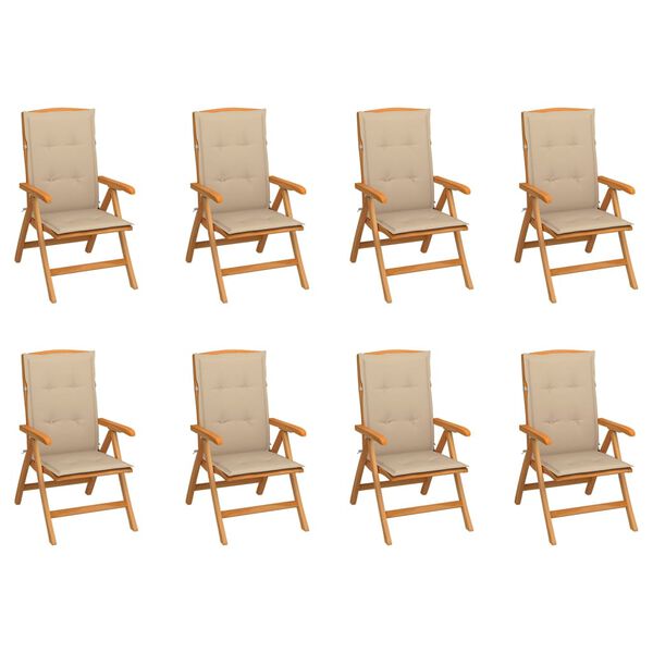vidaXL Reclining Patio Chairs with Cushions 8 pcs Solid Teak Wood