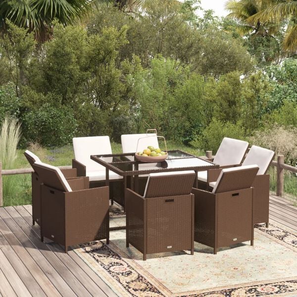 vidaXL Garden Dining Set Brown PE rattan, steel, tempered glass Foldable