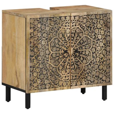 Two-door cabinet with ornate gold floral pattern on front panels and light wood frame, raised on black legs