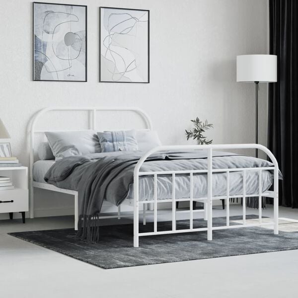 vidaXL Bed Frame White Powder-Coated Steel Small Double Bed Frame