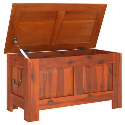 Storage bench with lid raised, showing inside space and hinges.